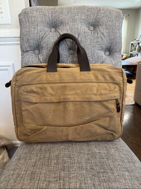 J. Crew Canvas Briefcase with Dark Brown Handles - Tan